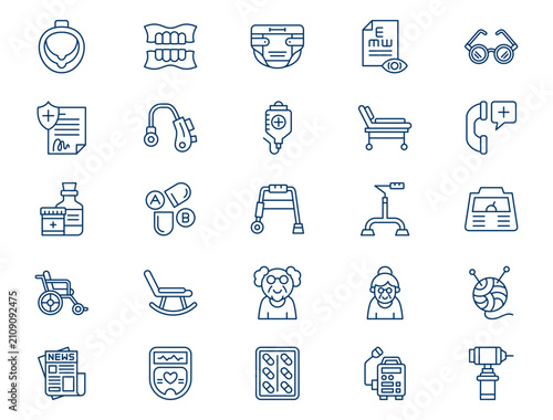 Elderly care aging process outline collection presents detailed senior health assistance elements. Geriatric concept