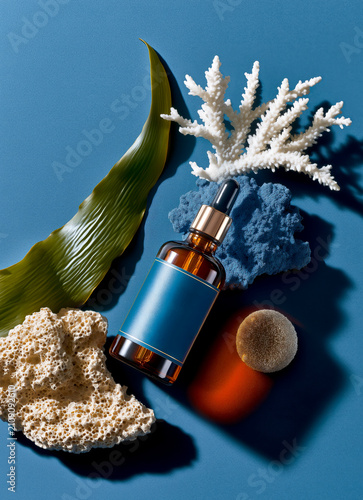 Amber glass cosmetic dropper bottle with a blank label among white coral, seaweed, and porous rocks on a blue background with hard shadows.