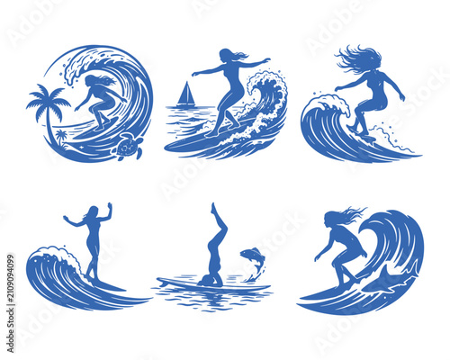 Surfing Silhouette Collection Ocean Sports Vector Set