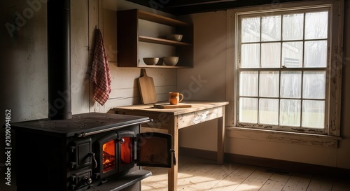 cozy rustic kitchen interior with fireplace