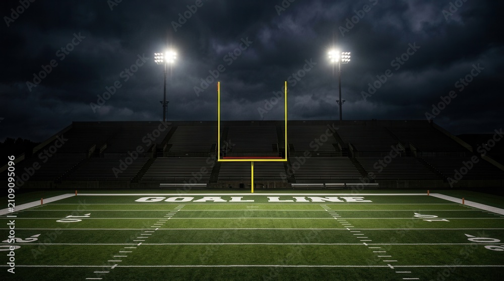 Fototapeta premium Football field night is covered green An empty American at under bright stadium