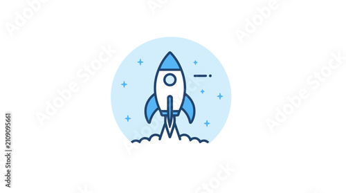 Blue rocket ship launching into space icon.