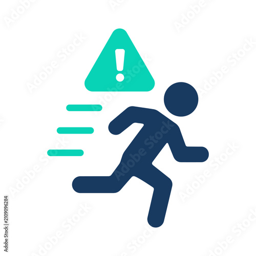 Foto Person running away fast from a danger warning sign icon