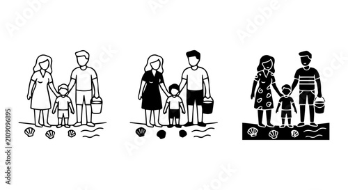 Foto Family Beach Vacation Icons, Summer Holiday People, Seaside Outing Vector Set
