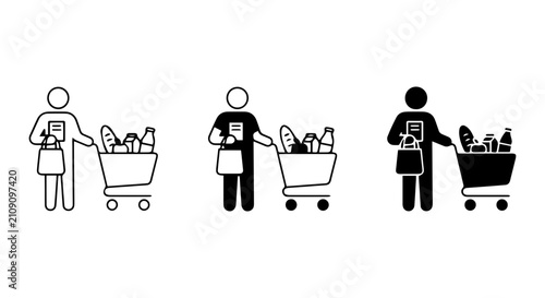 Принти на полотні Grocery Shopping Icons, Person with Shopping Cart and Bag, Food Purchase Vector