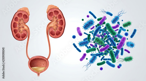 Human urinary system with colorful bacteria kidneys