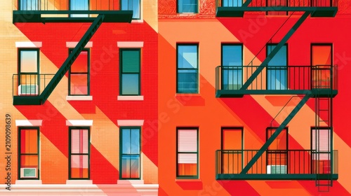 Colorful urban building facade with angular fire escapes and bold geometric shadows
