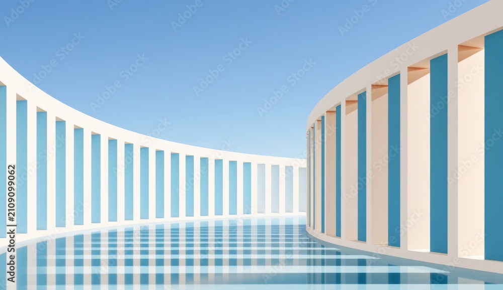 Fototapeta premium Abstract modern architectural colonnade with curved white columns and reflective blue water under sky