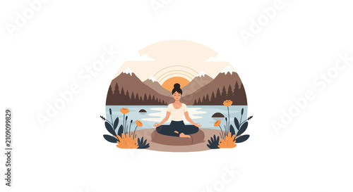 Woman meditating in a mountain landscape by a calm lake