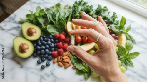 Hand holding small capsule front variety Woman herbal supplement over fresh superfood ingredients combining