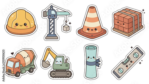 Kawaii construction-themed stickers with cute designs and tools