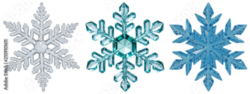Принти на полотні A stunning collection of three unique crystalline snowflakes in silver, turquoise, and blue