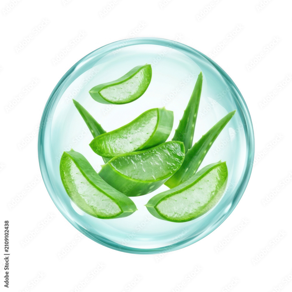Obraz premium Fresh aloe vera leaf with water droplets isolated on a transparent background