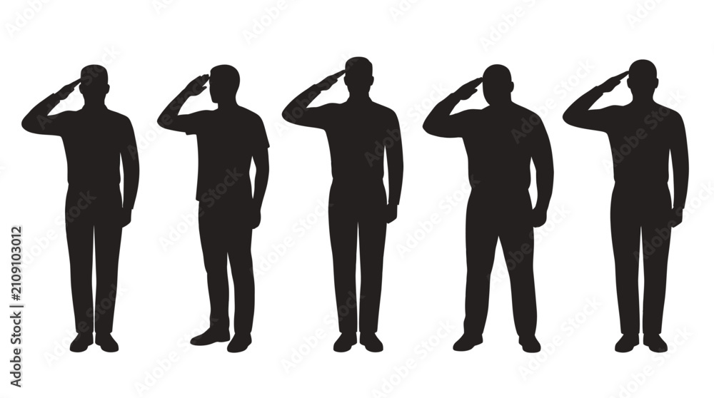 Fototapeta premium Set of Military Silhouettes Showing Soldiers Performing a Formal Hand Salute