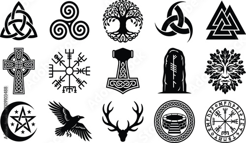 Quadro su tela Celtic and Norse mythology ancient pagan symbols black vector icons collection s