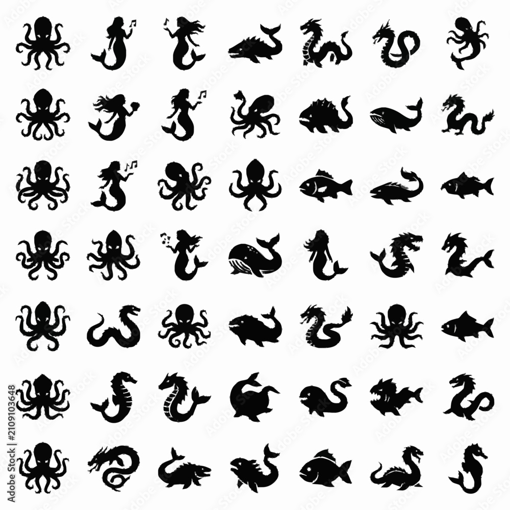 Obraz premium Collection of Marine Life Silhouettes.