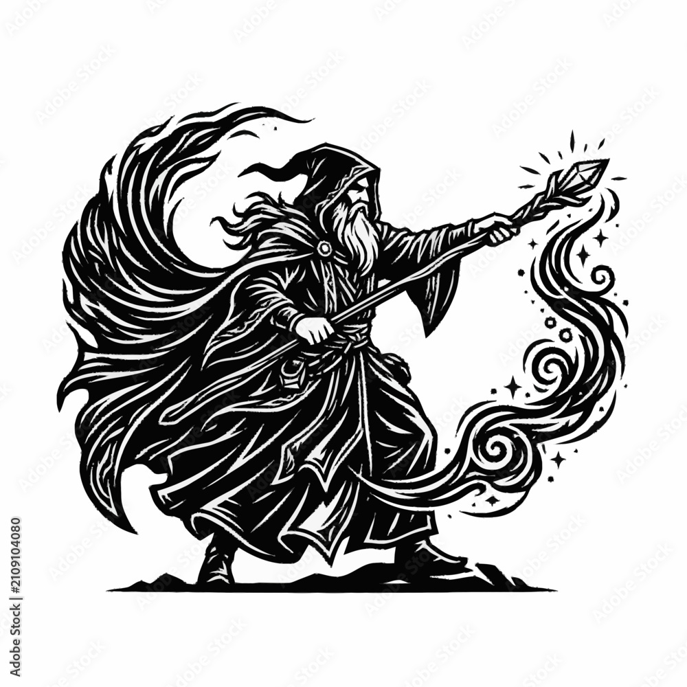 Fototapeta premium Mysterious Wizard Casting Spell with Crystal Staff.