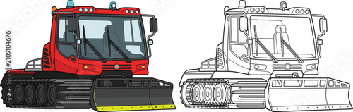 Fotografie Red snow groomer vehicle and its outline a tracked machine for ski slope mainten