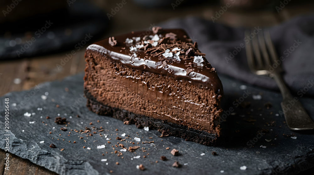 Fototapeta premium Delicious chocolate cheesecake slice with sea salt decadent thanksgiving dessert