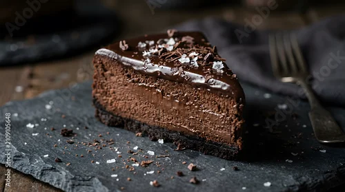Obraz  z motywem Delicious chocolate cheesecake slice with sea salt decadent thanksgiving dessert