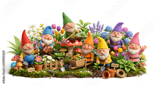 Cute funny garden gnome collection with flowers, mushrooms, gardening tools, watering can and plants, colorful hats, premium 3D cartoon illustration, isolated on white background
