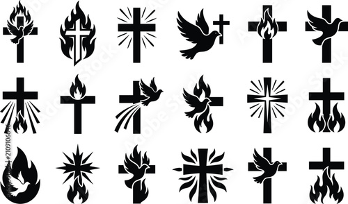 Konstfotografi Christian cross with holy spirit dove and divine flame silhouette icons set isol