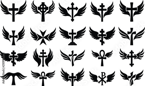 Obraz na plátně Christian cross with wings icons set black silhouettes isolated on white backgro