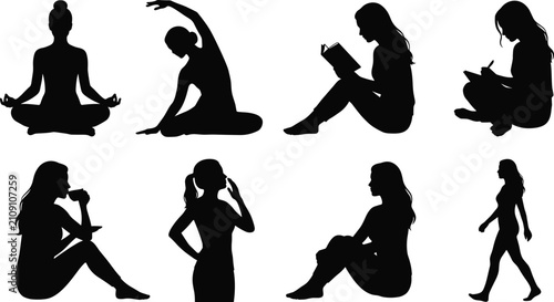 Schilderij op canvas Set of black silhouettes showcasing women engaging in peaceful yoga, reading, wr