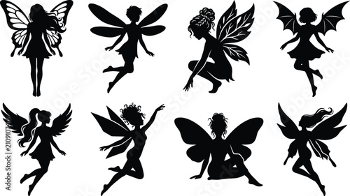 Canvas Print Set of black silhouettes featuring magical flying and sitting fairies with wings