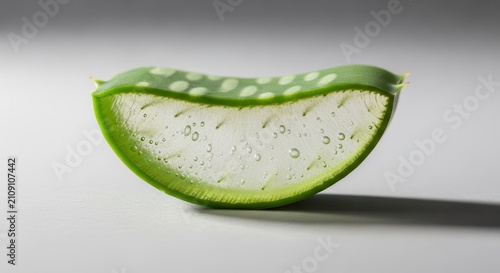 Gel-filled Aloe Vera slice with fresh green skin and moisture bubbles, isolated studio shot