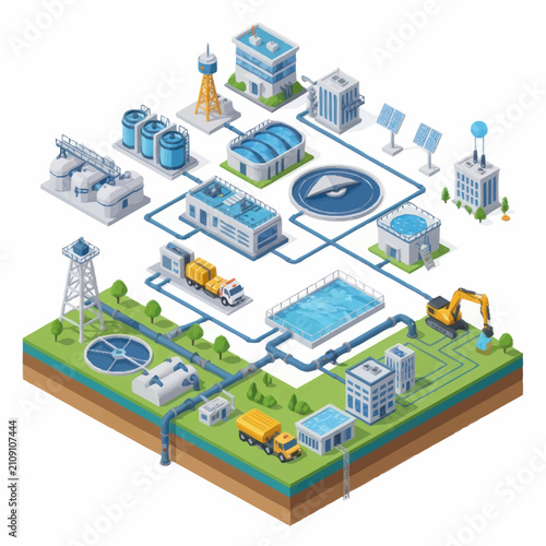 Isometric Industrial Water Treatment Plant Complex.