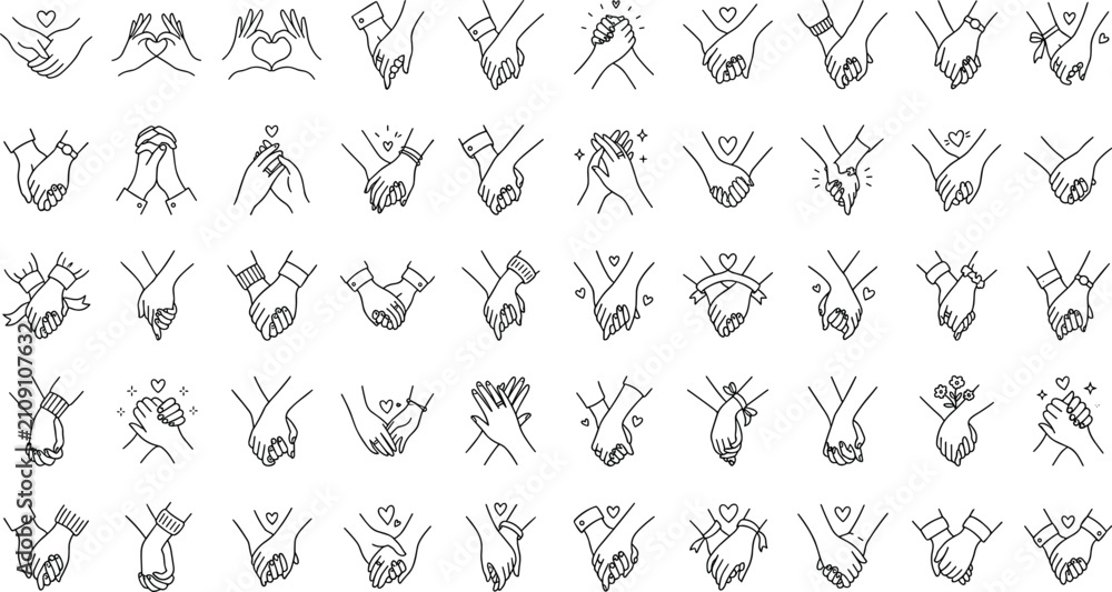 Obraz premium Holding hands line art icons collection vector set featuring couples clasping fingers interlocking hands pinky promises heart gestures and romantic partnership line drawings