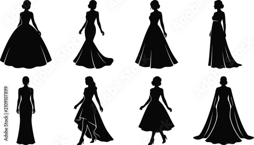 Foto Set of elegant woman silhouettes wearing beautiful formal evening gowns and luxu