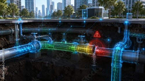 Futuristic digital twin 3D render of urban water pipeline system with city skyline
