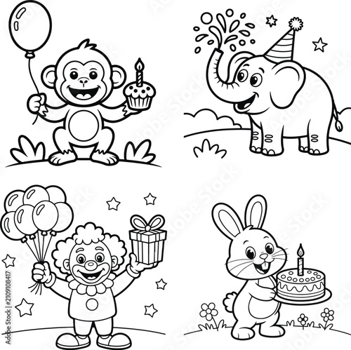 Photography Party theme coloring book set with monkey elephant clown and rabbit art