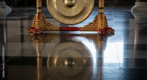 gold gong on red stand with reflection