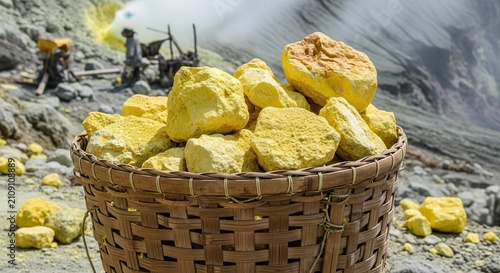 Gold nuggets in a wicker basket, mining background