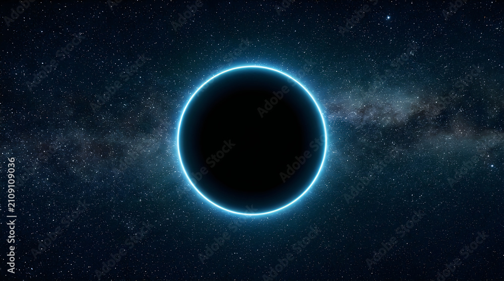 Fototapeta premium Silhouette of a planet in deep space. Dark celestial sphere against a glowing star field.