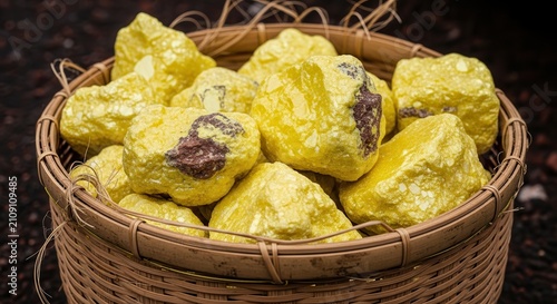 Golden chocolate truffles in a wicker basket