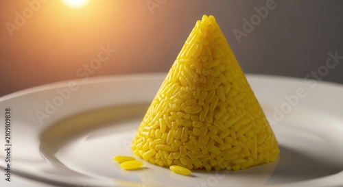 Golden cone of saffron rice with sunflare on white plate, food photography close-up