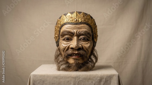 golden crowned sculpture head with beard