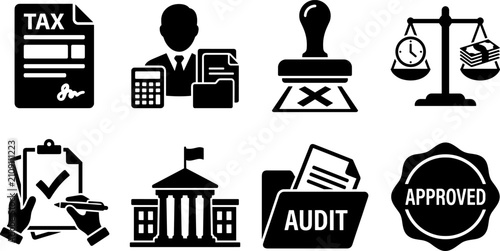 Set of tax, accounting, and audit icons featuring financial compliance, document verification, and government symbols for business design