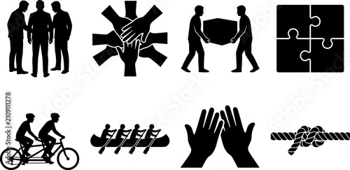 Bild auf Leinwand Set of teamwork, collaboration, and partnership icons featuring group cooperatio