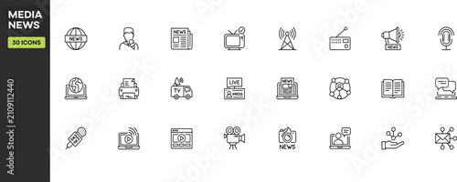 Media News Broadcast and Digital Communication Line Icon Set