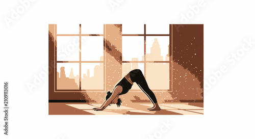Woman performing downward dog yoga pose in city studio