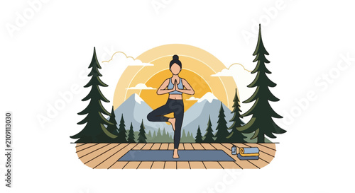Yoga tree pose in mountain nature landscape