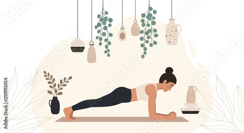 Young woman performing forearm plank pose in minimalist home studio