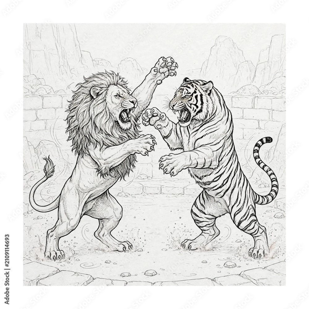 Obraz premium Lion and Tiger Fighting Line Art Illustration