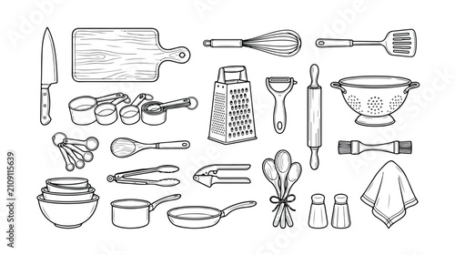 Obraz na płótnie Hand drawn kitchen utensils vector set, black and white cooking equipment icons,