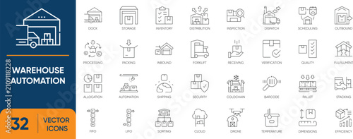 Warehouse Automation Icon Set. Containing Logistics, Inventory, Warehouse, Shipping, Supply Chain, Storage and more. Editable vector Line icons collection.